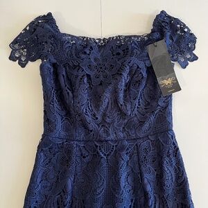 Navy Off the Shoulder Lace Dress
